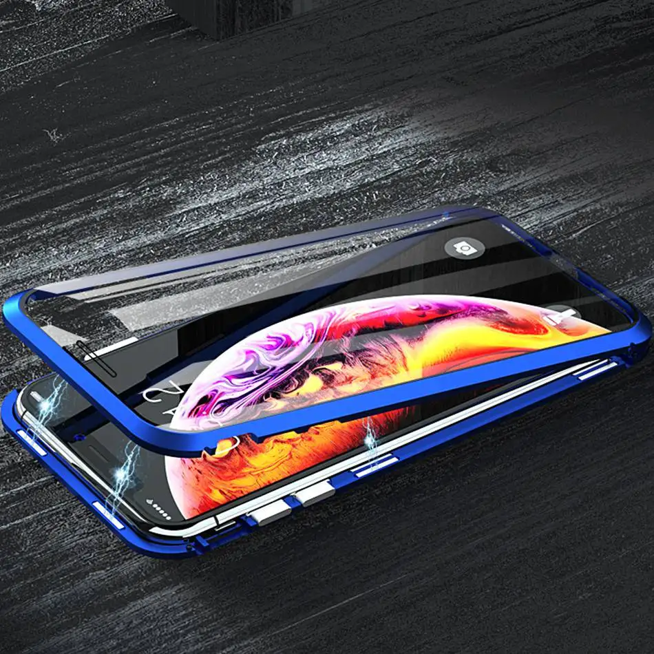 Для samsung A50 A30 A10 A60 A70 двухсторонний чехол из закаленного стекла для Galaxy A7 A9 Магнитный адсорбционный металлический чехол для телефона - Цвет: Blue