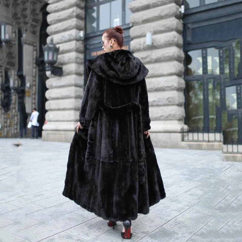 Женское пальто с натуральным мехом на капюшоне 120 см зимняя верхняя одежда из