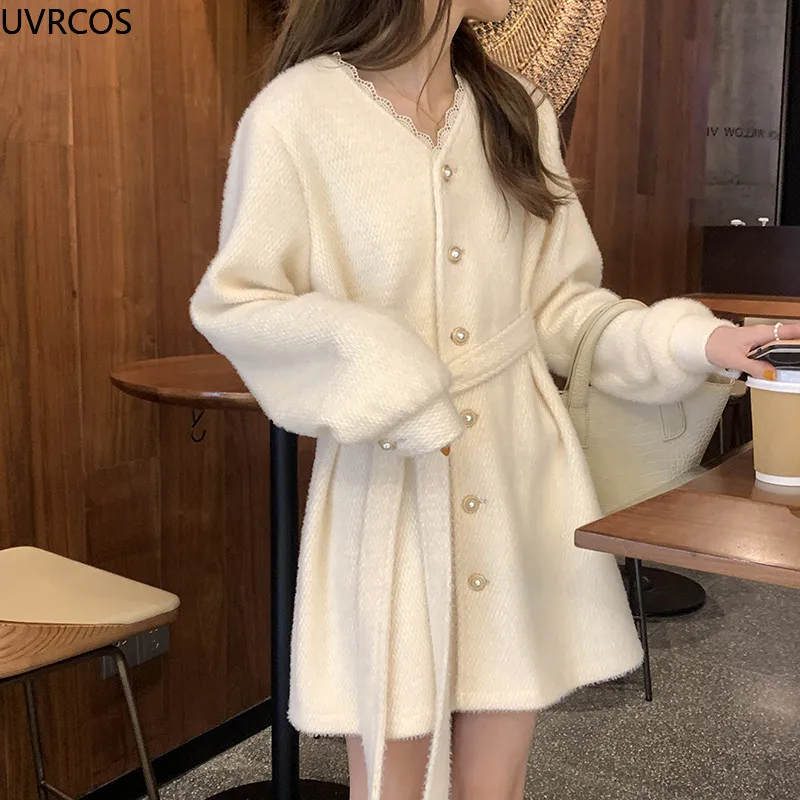 

Winter Sweet Warm Wool Coat Women Chic Lace V Neck Slim Lolita Jacket Female Autumn Korean Fashion Designer Elegant Outerwear