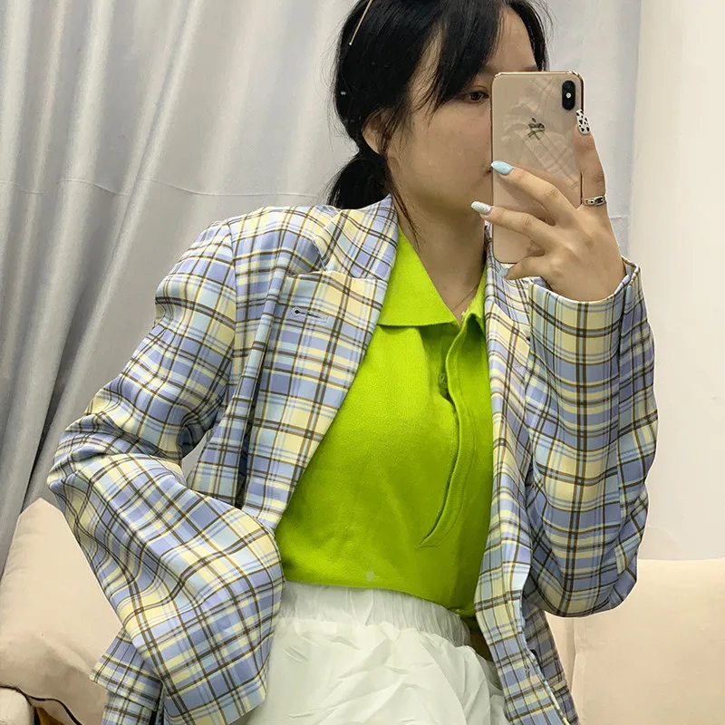 

Jacket Vintage Office Lady Workwear Female Chic Blazer Cardigan Women Fashion Casual Blue Check Blazer Autumn Elegant Retro