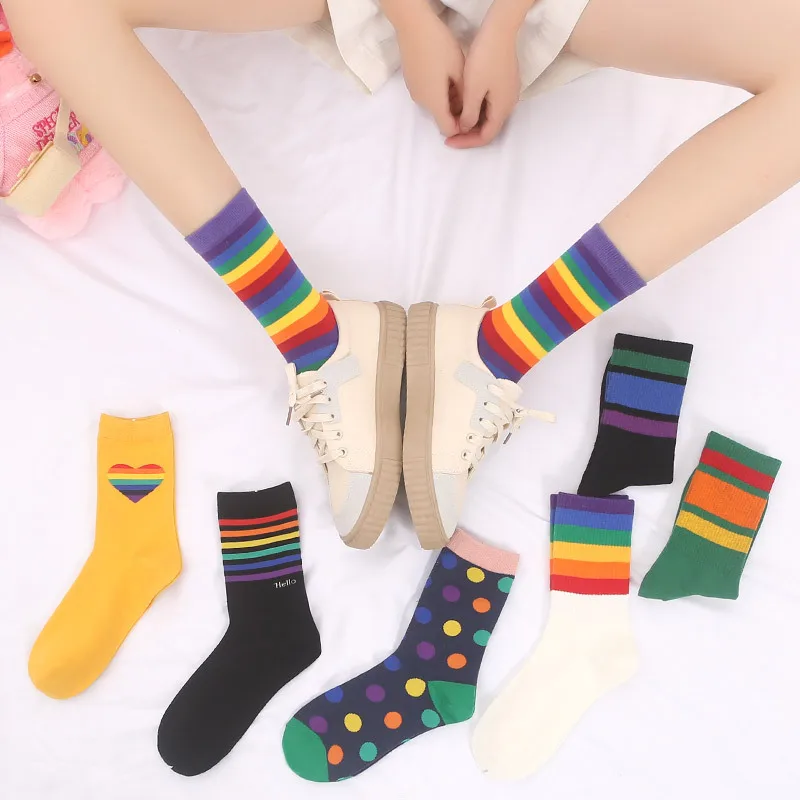 

Autumn and Winter New Products Rainbow Striped Socks Female Mid-tube Trend Colorful Cute Japanese College Style Female Stockings