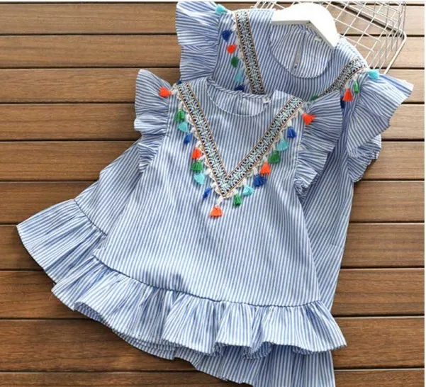 stripe sleeveless Коллекция года, Осеннее детское платье с длинными рукавами для девочек Хлопковое Повседневное платье в клетку с помпонами для девочек 3-7Y - Цвет: stripe sleeveless