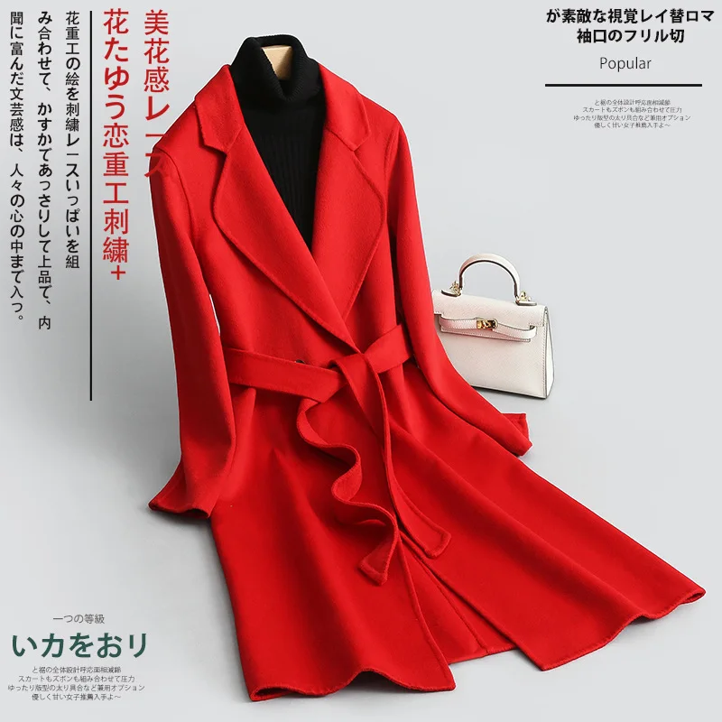 

Double-Sided Long Wool Coat With Belt Korean Version Of The Trend Retro Wild Solid Color Overcoats ropa mujer