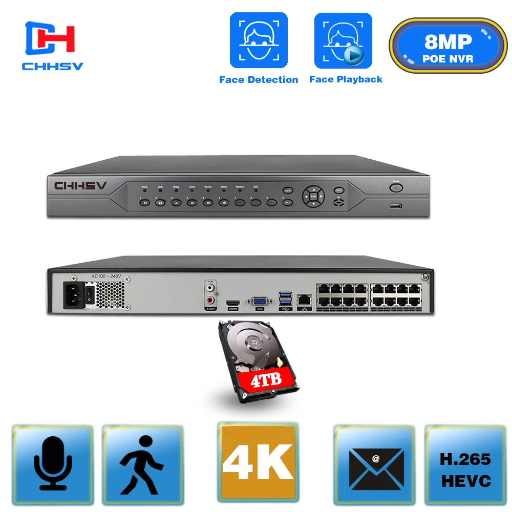 

CHHSV NVR Embedded Plug & Play 4K NVR with 1/2 SATA Interfaces 16CH POE Port for Security Camera H.265 P2P
