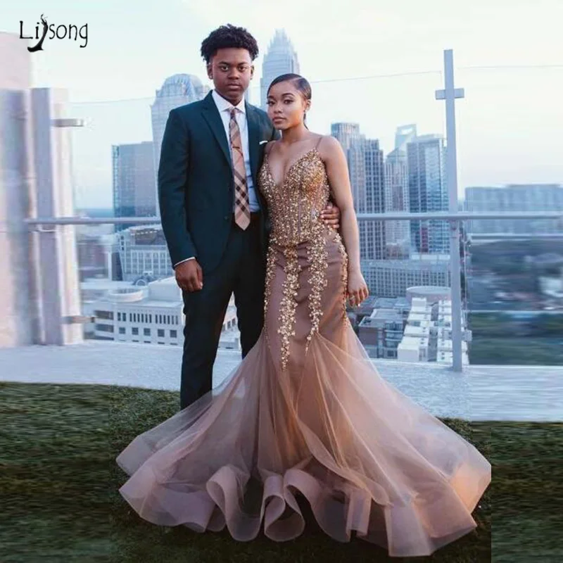 

Robe De Soiree Champagne Evening Formal Dress Sexy V-neck Spaghetti Strap Beaded Long Prom Gown Party Dress 2020 vestio de festa