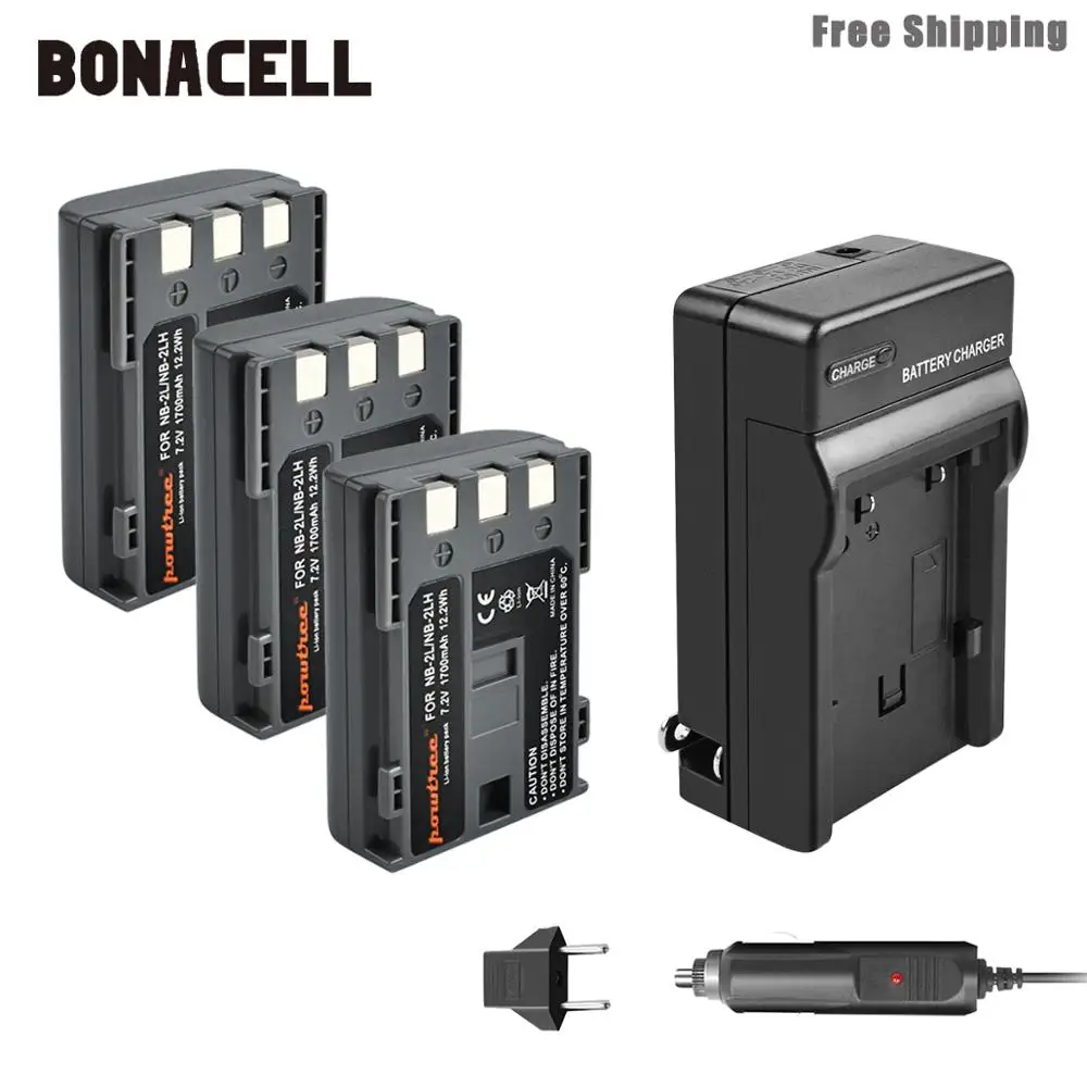 3XBattery Charger Bonacell 1700 мА/ч, NB-2L NB2L NB-2LH NB 2LH NB2LH Камера Батарея+ Зарядное устройство для Canon Rebel XT XTi 350D 400D G9 G7 S80 S70S30 L50 - Цвет: 3XBattery Charger