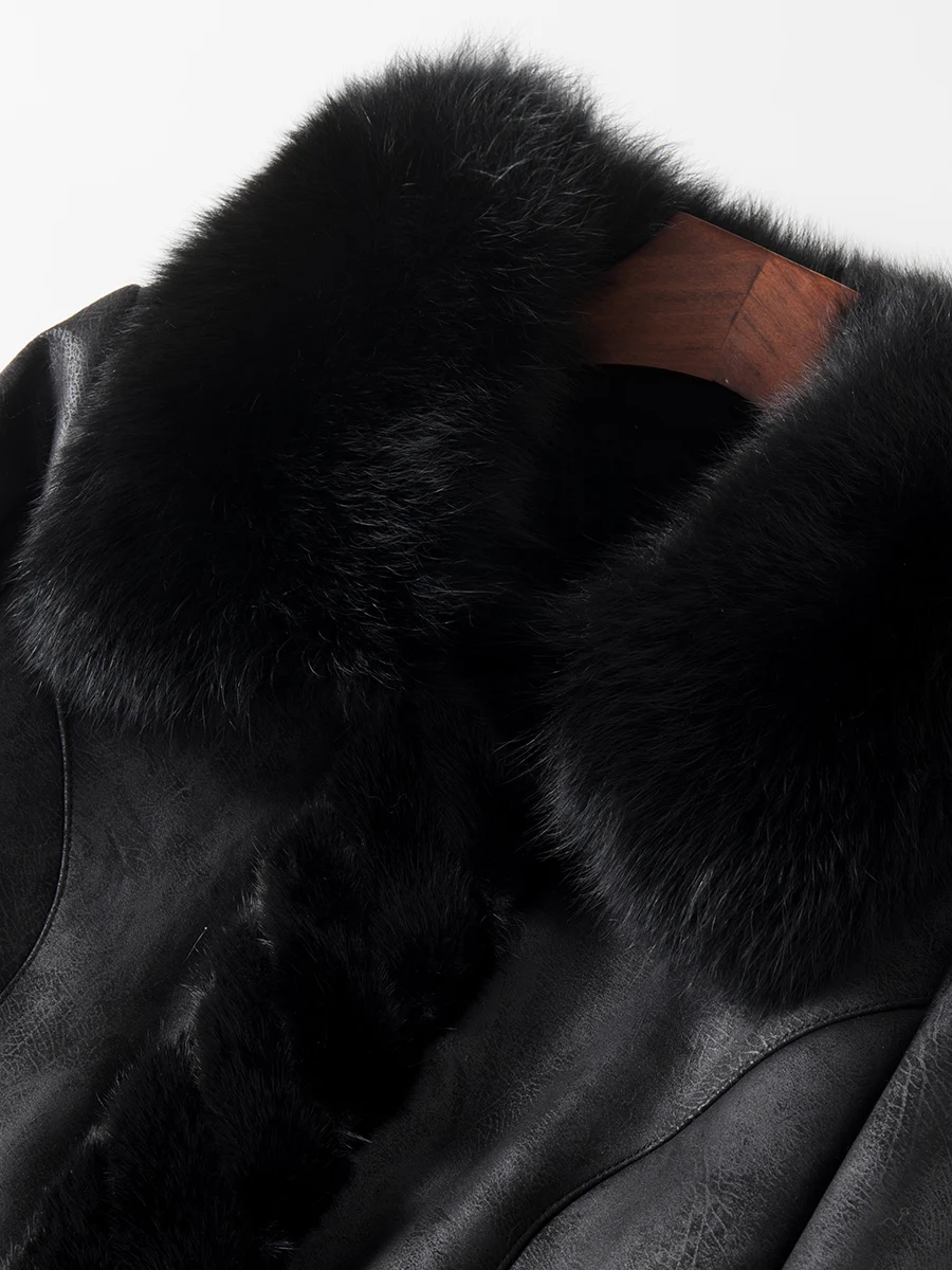 Шуба из натурального кролика Женская винтажная куртка с воротником меха норки