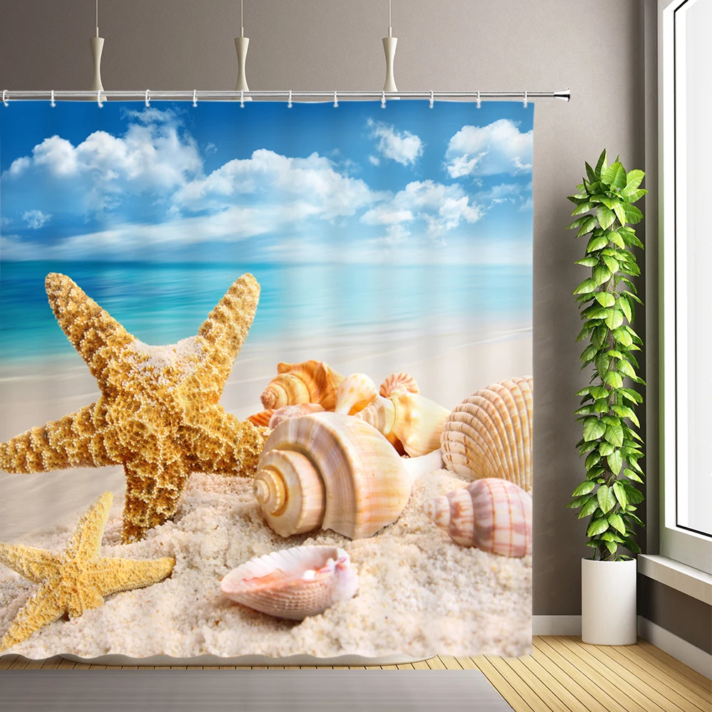 

Beach starfish Decorative Shower Curtains Bathroom Waterproof Bath Screens Seaside Scenery Shell Bathroom Home Decor Curtains