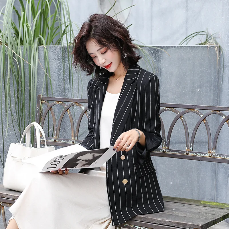 Женский пиджак и пальто новинка 2019 Осенний двубортный черный блейзер в полоску