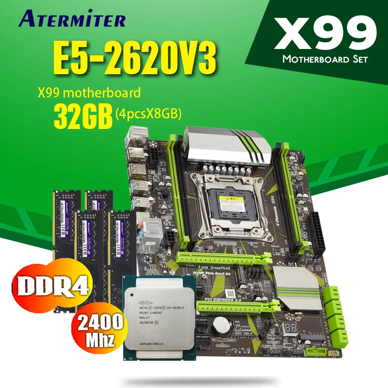 Atermiter X99 материнская плата с Xeon E5 2620 V3 4 шт. * 8 ГБ = 32 Гб 2400 МГц DDR4 память|Материнские