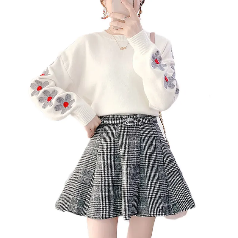 

Autumn Winter Women Pullover Floral Sleeve Top Plaid Umbrella Skirt Suits Fairy Two-Piece Outfit Sweet Fashion Knitwear Girl