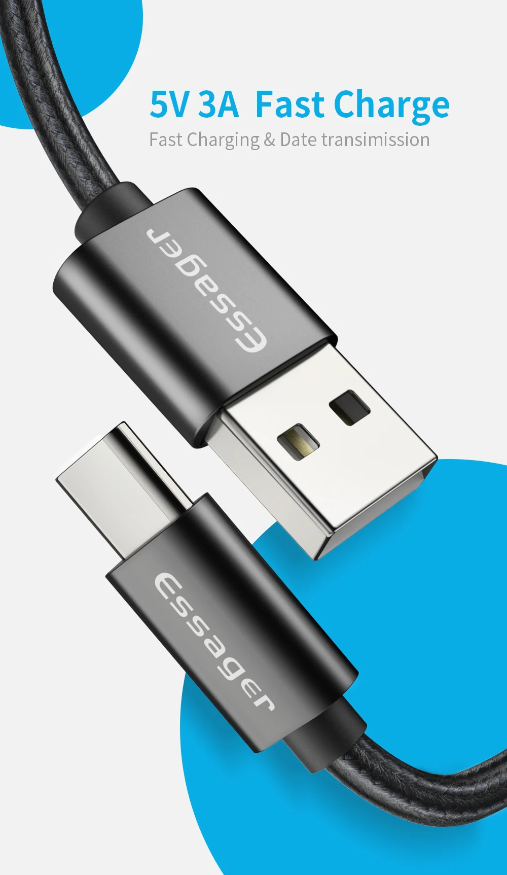 Usb-кабель Essager type-C, 3 А, быстрая зарядка, USB-C, зарядное устройство для Xiaomi Mi 9, 8, samsung S10, S9, Oneplus 7, 6, 6, type-C, USBC, шнур для передачи данных