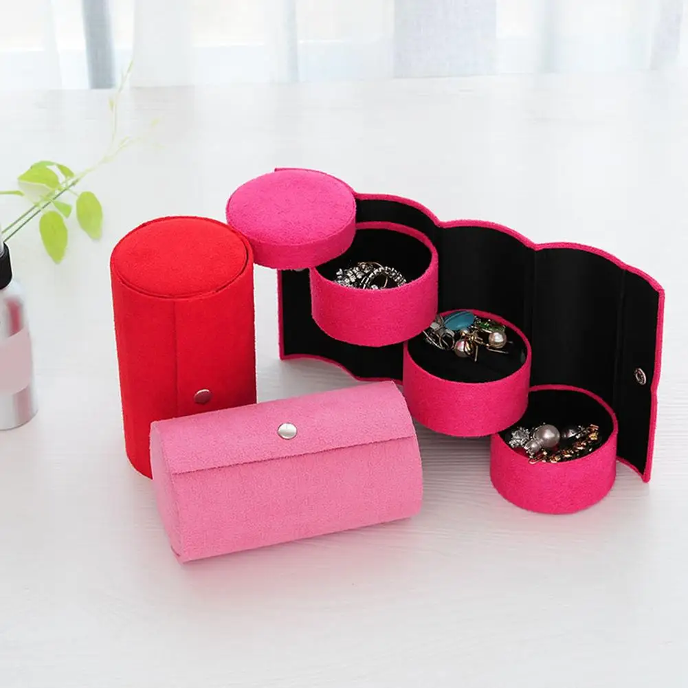 

Portable 3 Layers Flannel Cylinder Shaped Jewelry Box Rotatable Women Jewelry Storage Box Organizer Jewelry Packaging Case