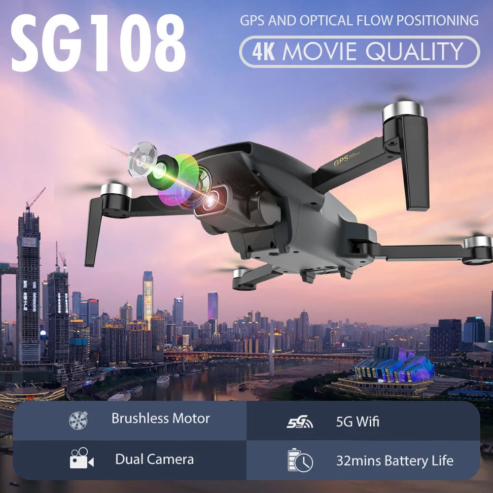 Дрон Радиоуправляемый SG108 с камерой 4K бесщеточный Квадрокоптер двойной GPS Wi Fi FPV