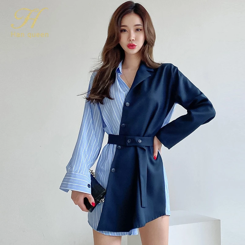 Новое поступление облегающее платье рубашка в полоску H Han Queen стиле пэчворк