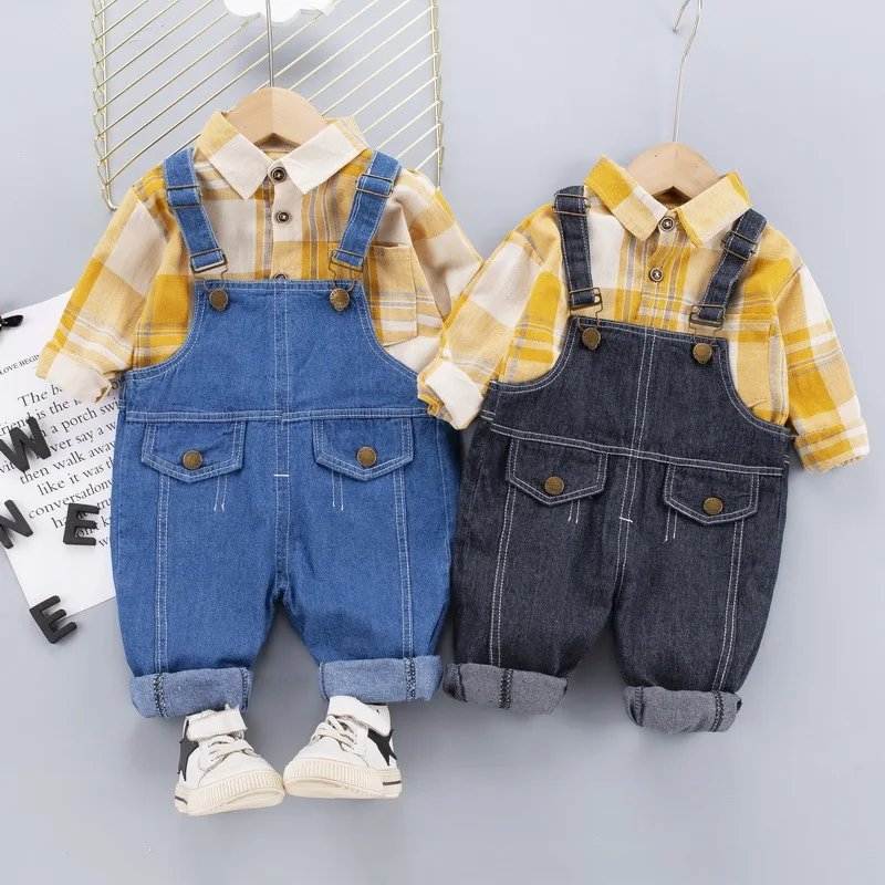 

Рубашка в клетку с отложным воротником, длинным рукавом и джинсовый нагрудник для мальчиков и девочек, детская одежда, свободный топ и брюки...