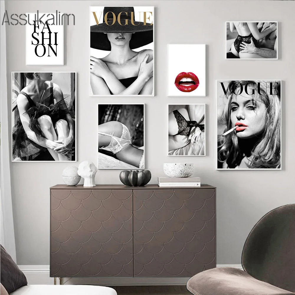 Черно белая печать сексуальная женщина Настенная картина на холсте плакат губ