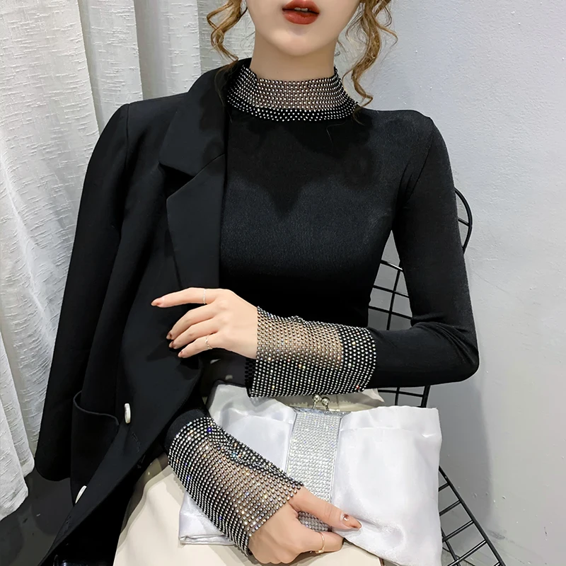 

NEW Sexy Bright Diamond Black Shirt Women Half-high collar Bottoming tops New Korean long sleeve t-shirt