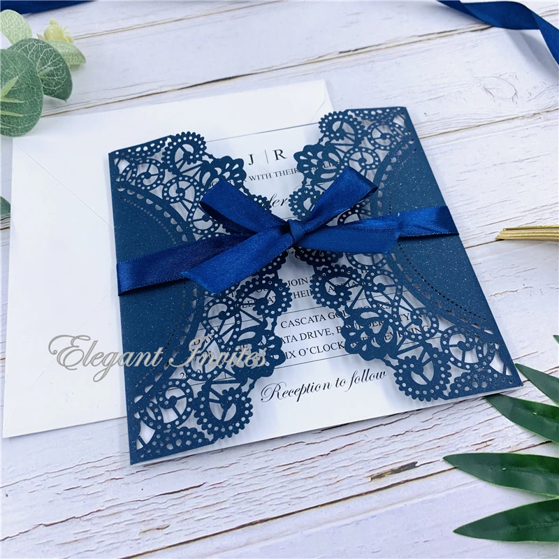 Элегантные Пригласительные открытки Dark Navy с лазерной резкой блестящие свадебные