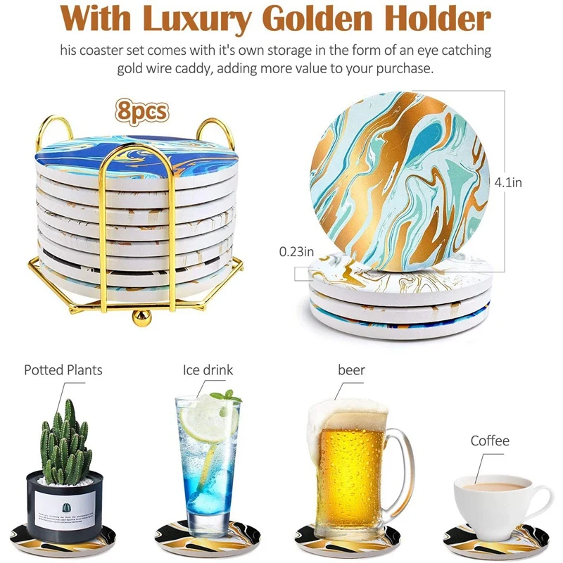 Coasters With Metal Holder Stand Marble Pattern Stone Bar Set Cork Base Cup Ceremic Coaster For Gifts Home |