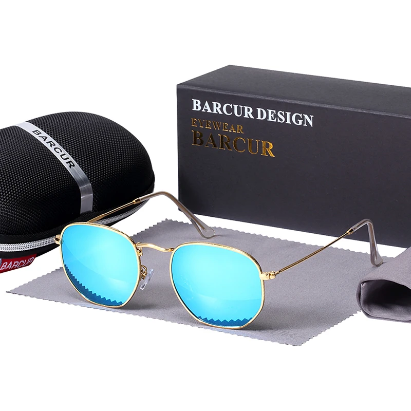 BARCUR UV400, стеклянные линзы, солнцезащитные очки для мужчин, Ретро стиль, металлические шестиугольные Круглые Солнцезащитные очки для женщин, винтажные очки для глаз, es Oculos De Sol