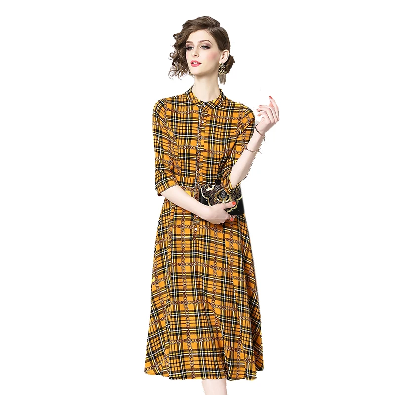 

TAOYIZHUAI summer fashion leisure long dress O neck button A line clothes dress plaid half sleeves long women office dress