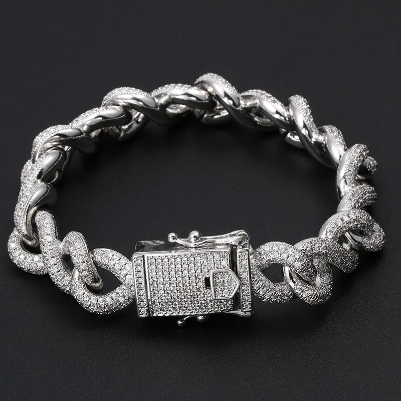 

Hip Hop Micro Paved Cubic Zirconia Bling Iced Out Solid Infinity Cuban Link Chain Bangles Bracelets for Men Rapper Jewelry