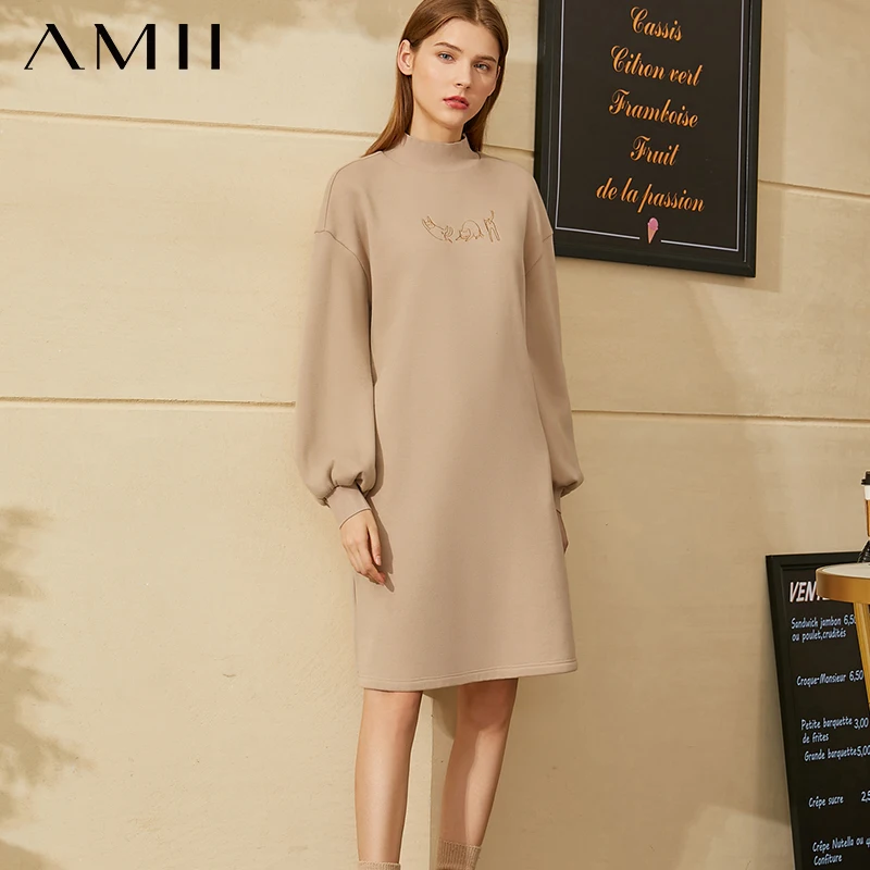 

Amii Minimalism Winter Fashion Sweatershirt Dress Causal Turtleneck Embroidery Lantern Sleeve Women Dress For Women 12030324