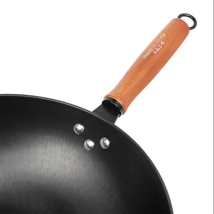 

Chinese style wok 34cm round bottom cast iron wok with ear wok detachable wooden handle uncoated stove dual-use