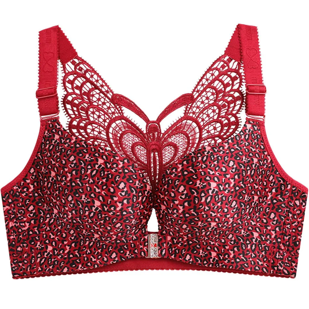 

New Arrival Women Lingerie Plus Size Leopard Wire Free Bra Butterfly Lace Underwear Woman Push Up Bras Front Closure Sexy Tops