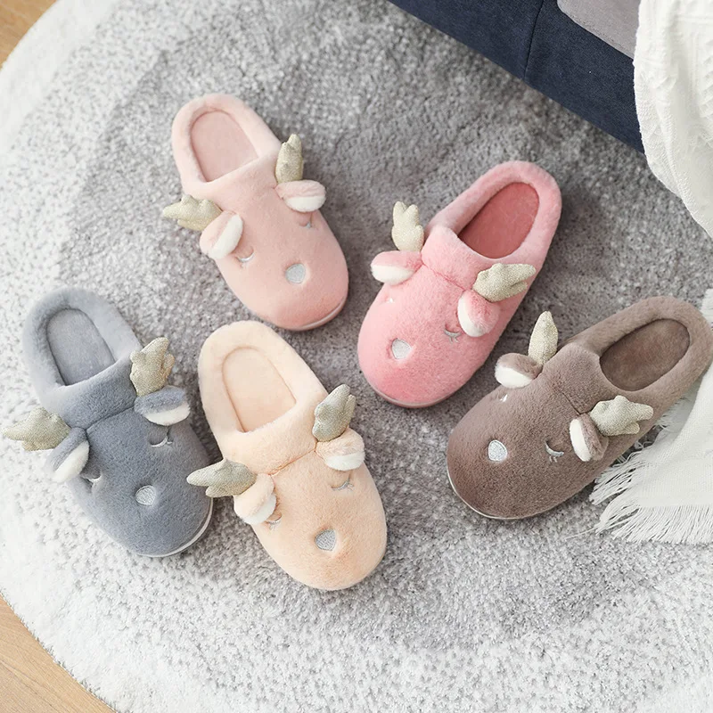 Зимние домашние женские меховые тапочки с милыми оленьими рогами Дизайнерская