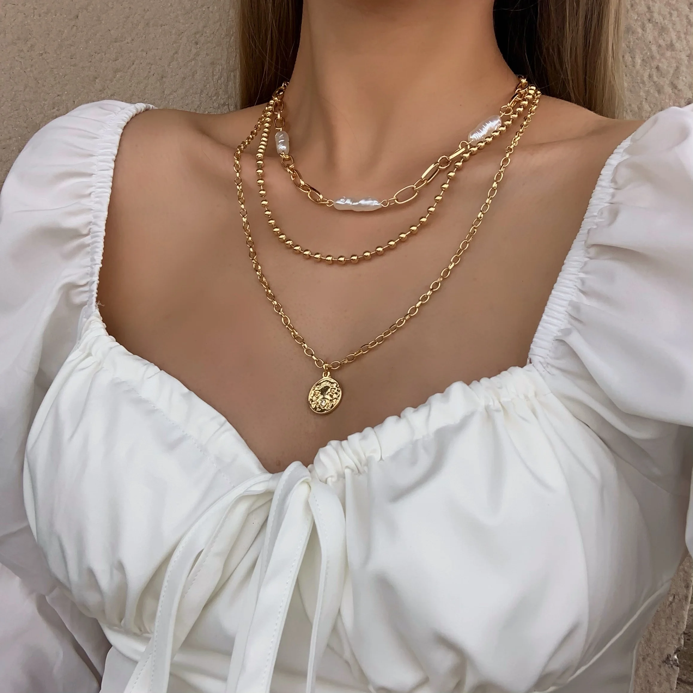 

Flashbuy Vintage Multilayer Gold Color Pearl Chain Necklace for Women Cupid Coin Pendant Necklace Fashion Jewelry