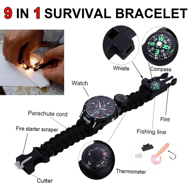 

9 In 1 Multifunction Outdoor Survival Bracelet Fishing Line Hooks Compass Survival Bracelet Men's Outdoor Tool Camping Equipment