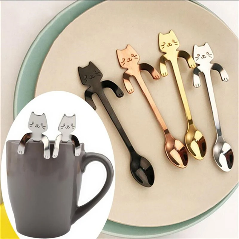 Small Mini 304 Stainless Steel Cat Kitty Coffee Stirring Spoon Colorful Dessert Ice Cream Tea Spoon Drink Cafe Scoop