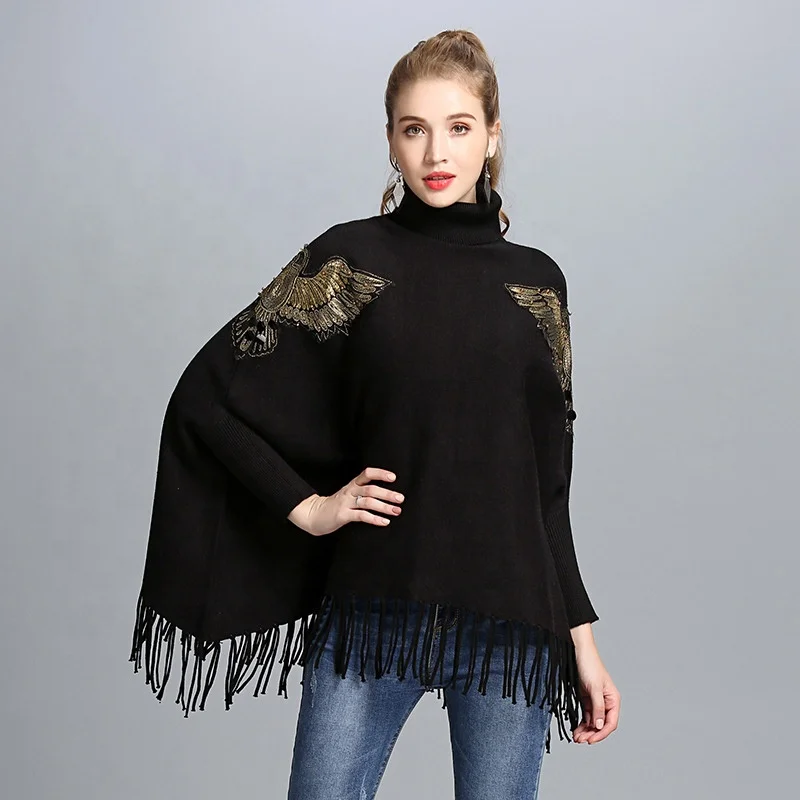 

Spring Autumn Lazy Wind Loose Turtleneck Pullover Female Knitted Bat Sleeve Fringed Ponchos Women Cape Poncho Sweater
