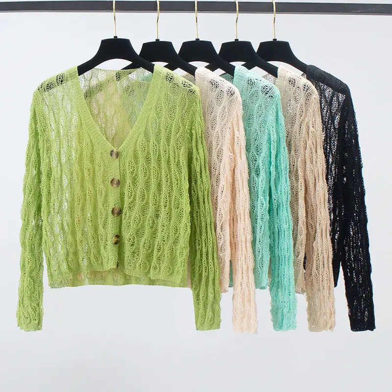 

Women 2020 Spring Summer Fashion Thin Knitted Sweater Female Hollow Out Cardigan Coat Ladies Short Air Conditioning Outwear G82