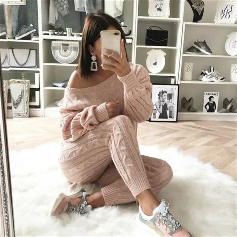 

2019 Autumn Women's Fashion Solid 2 Piece Set Casual Knitted Tracksuit Sportswear Warm Sweater + Long Pants Sweatshirts Outfits
