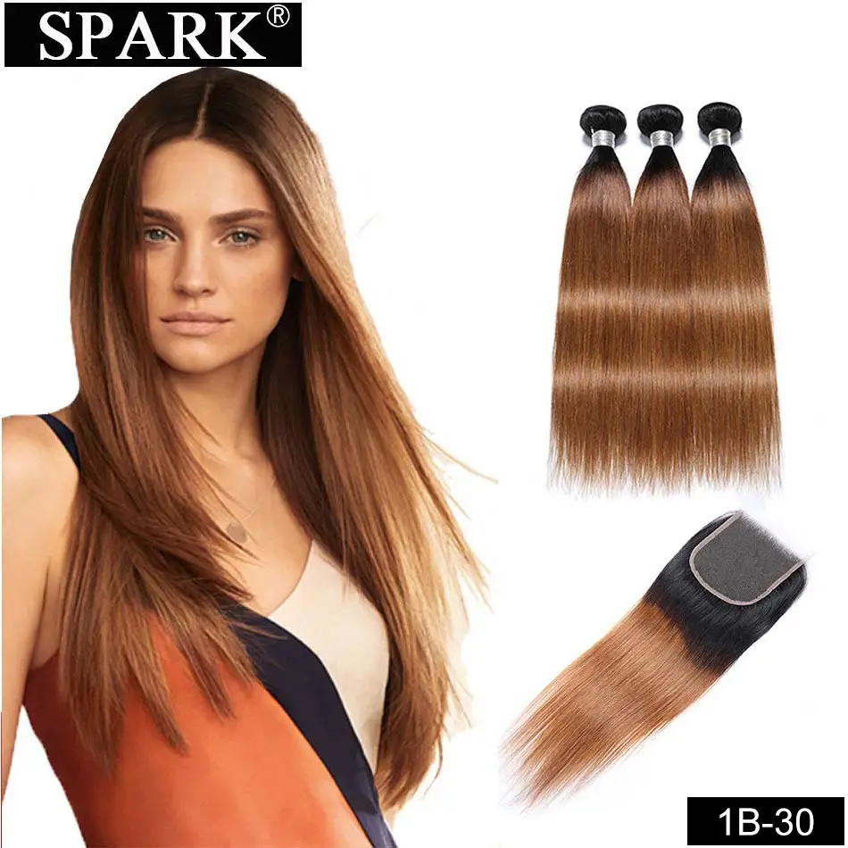 T1B 30 SPARK Ombre волосы прямые пряди с закрытием бразильские натуральные кудрявые пучки волос Омбре Remy закрытие с пряди средний коэффициент - Цвет: T1B 30