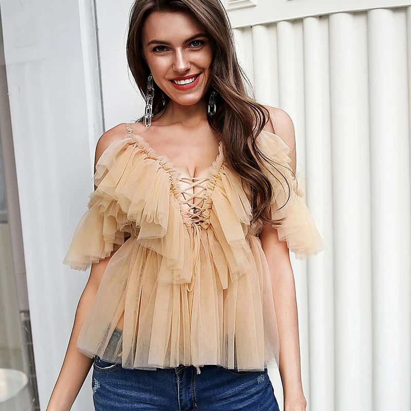 Сексуальные женские шифоновые блузки и топы летние со складками с открытыми