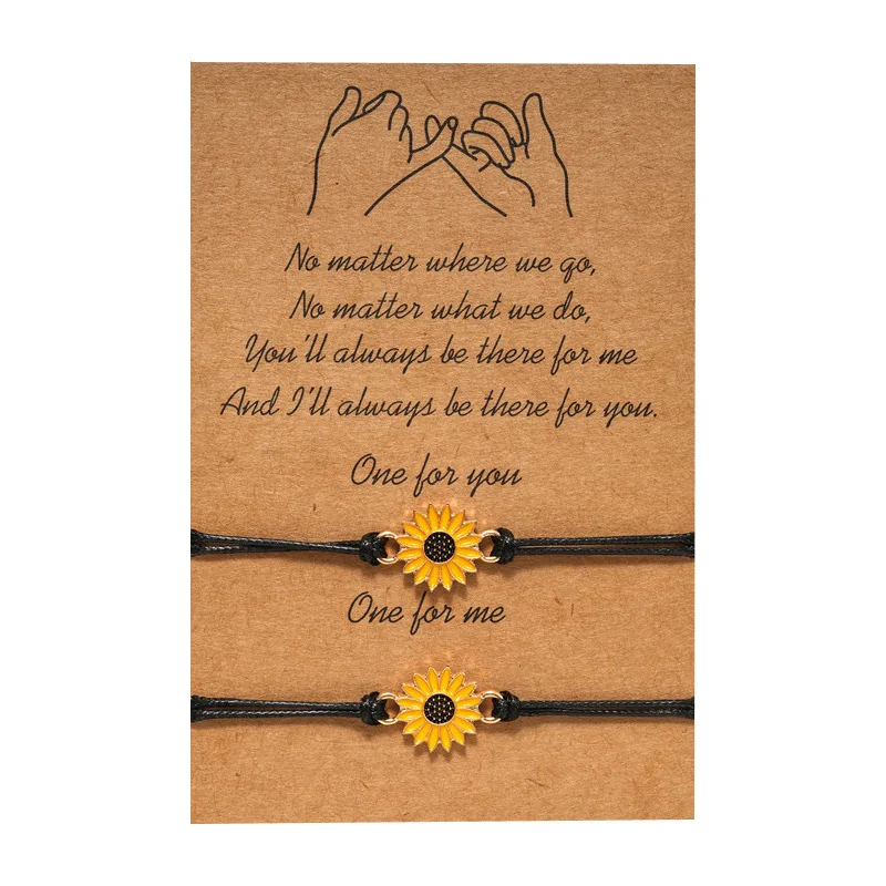 

Cotton Cord Sunflower Bracelets Handmade Braided with Black Rope Charm Friendship Wish Card Surf Bangle Jewelry Gift Daisy Lover