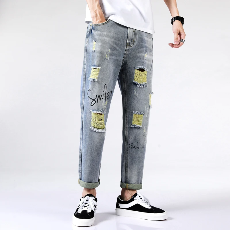 

Spring and summer new original printing hole jeans han edition tide male leisure loose straight nine minutes of pants