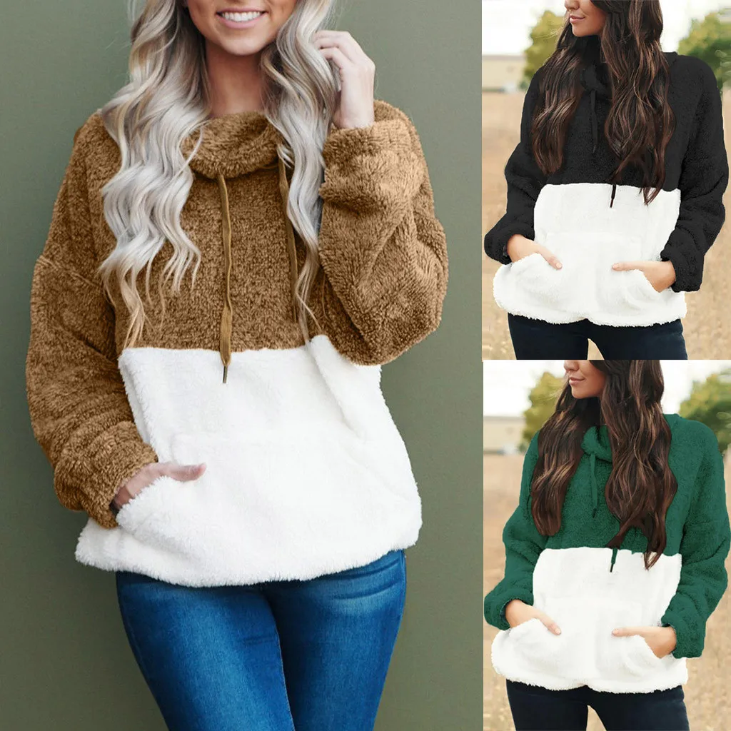 Толстовка на шнурке с цветными швами Повседневная Лоскутная Блузка воротником