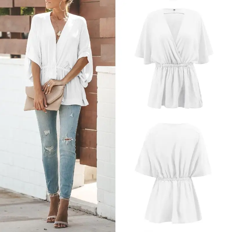 Модная женская офисная блуза Женские однотонные пуловеры с рукавом летучая мышь