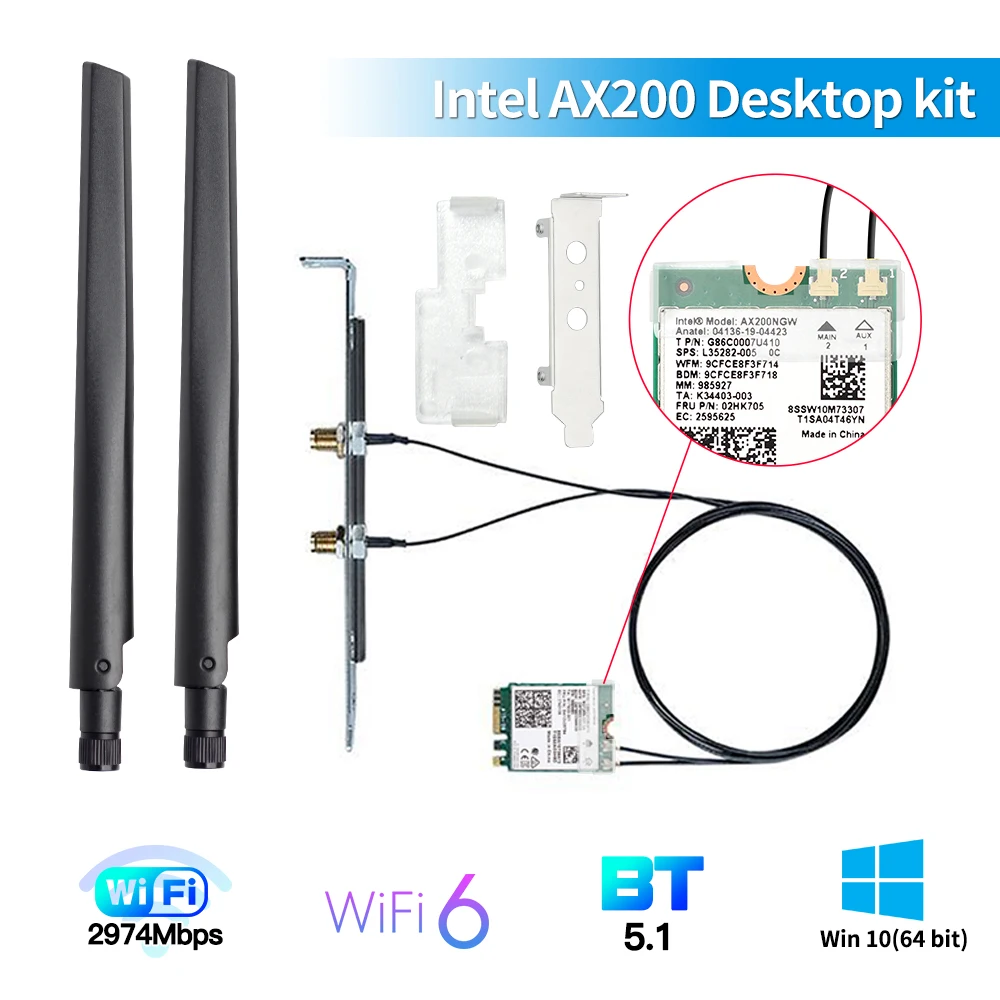 

3000Mbps Wi-Fi 6 Intel AX200 Bluetooth 5.1 802.11ac/ax 2.4G/5Ghz Desktop Kit AX200NGW Wireless Network WiFi Card Adapter MU-MIMO