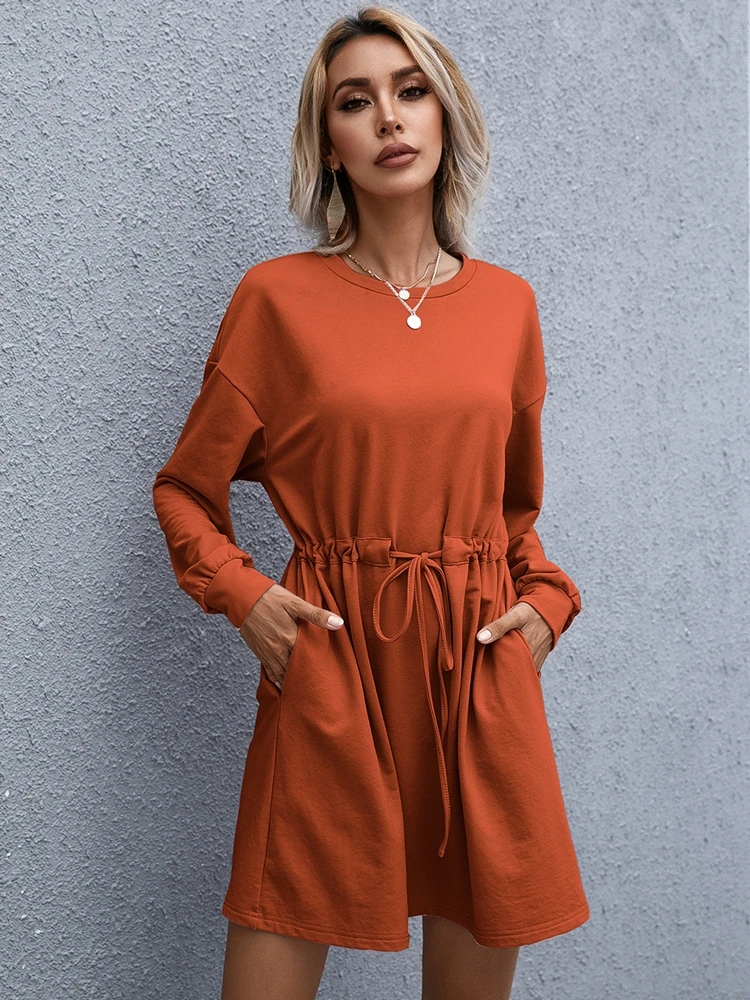 

Autumn Winter Dress 2021 Elastic Waist Mini Short Dress With Full Sleeves Fashion Casual Clothing For Women O Neck Loose Dress