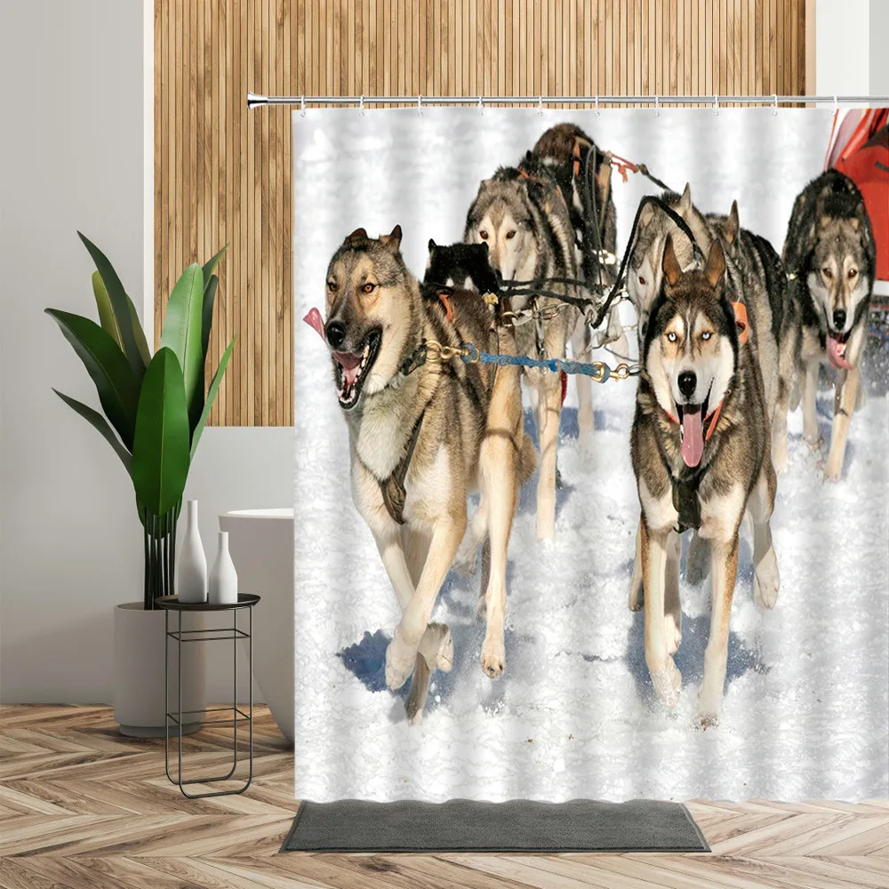 

Сани собака фото душевая занавеска животные Аляска Хаски Снежный пейзаж Ванная комната Декор водонепроницаемый фон ткань комната занавеск...