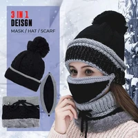 womens winter hat mask bib 3 piece set velvet thick knitted hat warm ear protection mixed color woolen hat for women caps