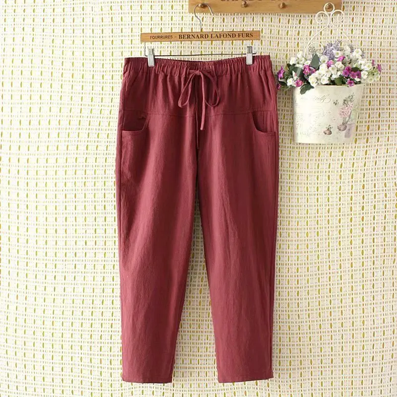 

Plus Size 2XL-4XL Women's Elastic Waist Solid Cotton&Linen Casual Pants Solid Ankle Pants