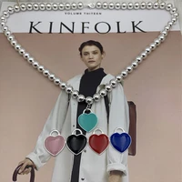women necklace heart shaped enamel pendant accessories 8mm round bead silverware jewelry valentine day gift