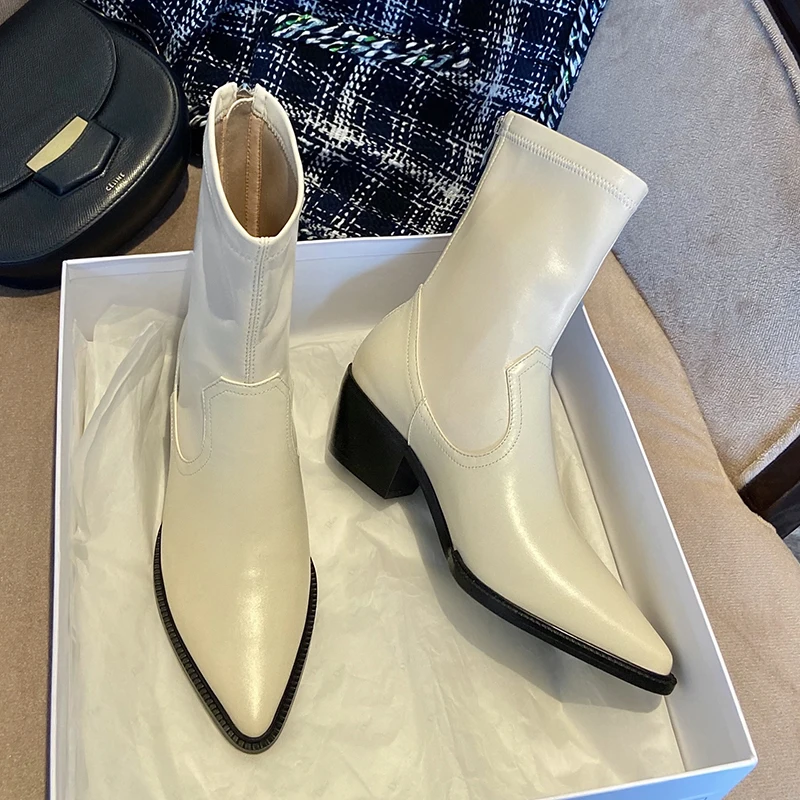 

Genuine Leather Thick high Heels motorcycle Shoes Woman Pointed Toe ankle Boots Wedding Party dress Boots For Women